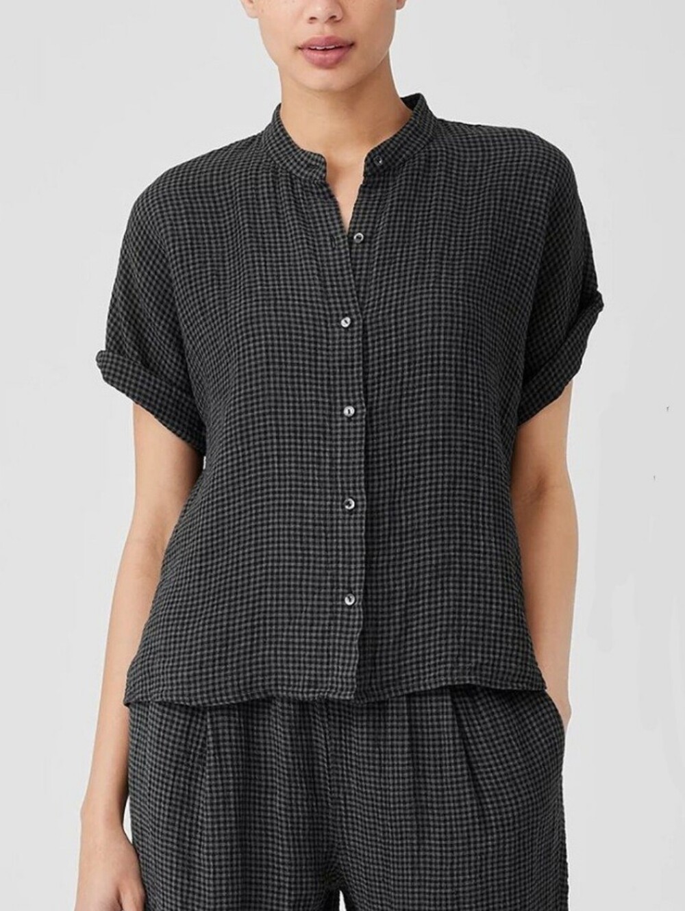 Eileen Fisher Puckered Organic Linen Collar Shirt Gingham Black Gray New Small